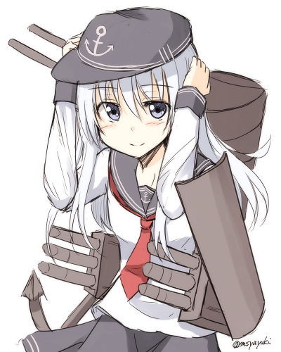 1girl, blue_eyes, hat, hibiki_(kantai_collection), kantai_collection, long_hair, looking_at_viewer, lowres