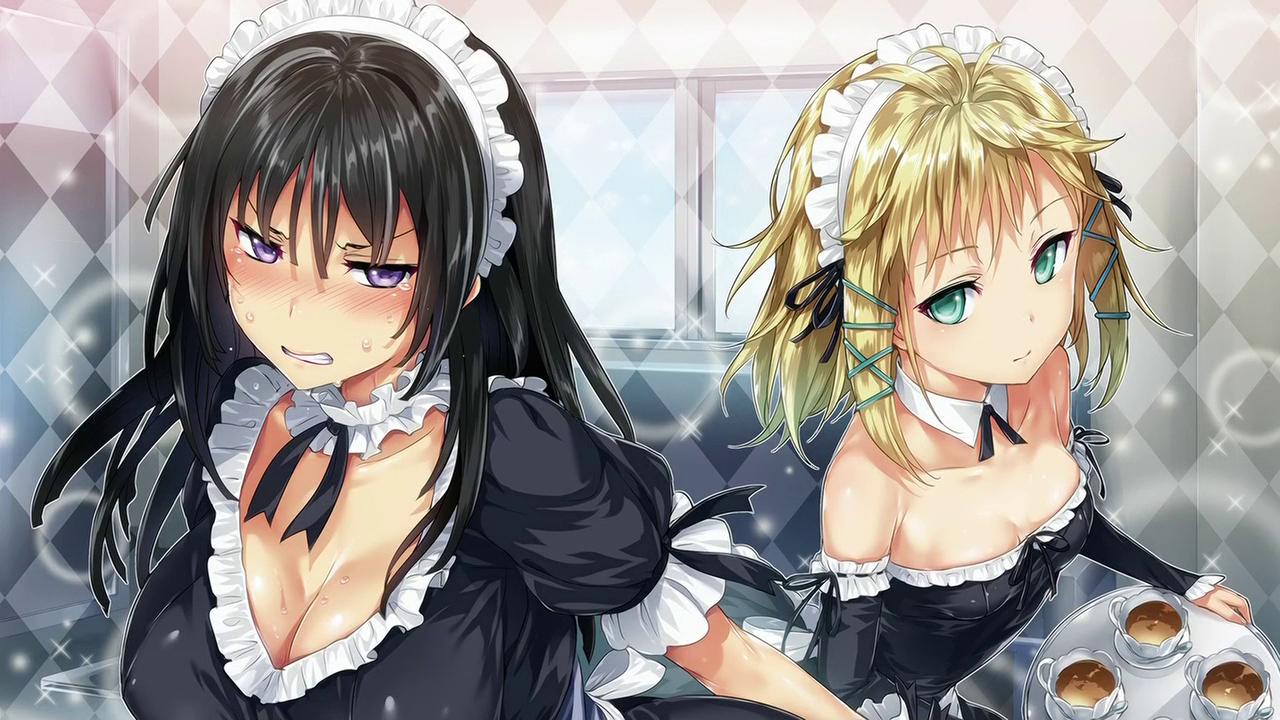 2girls, black_bullet, black_hair, blonde_hair, blush, breasts, cleavage, cup