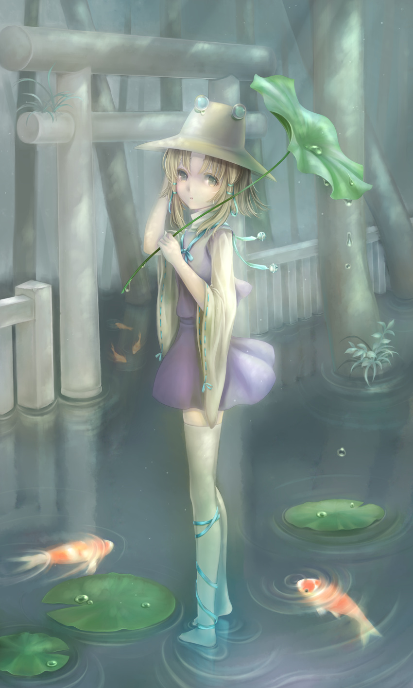 1girl, bell, blonde_hair, blue_ribbon, fish, hair_ornament, hair_ribbon, hand_in_hair