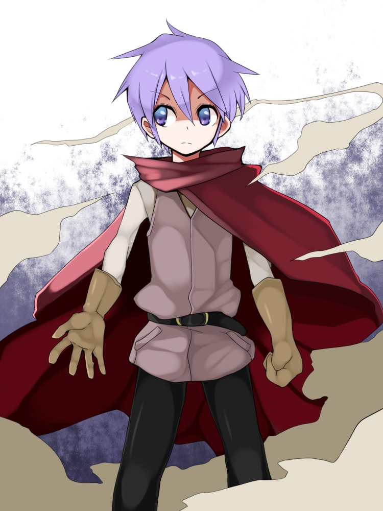 1boy, bangs, belt, blue_eyes, cape, cloak, cowboy_shot, dust, gloves, irodori_(irotoridori), luka_(mon-musu_quest!), mon-musu_quest!, purple_hair, red_cape, short_hair, solo