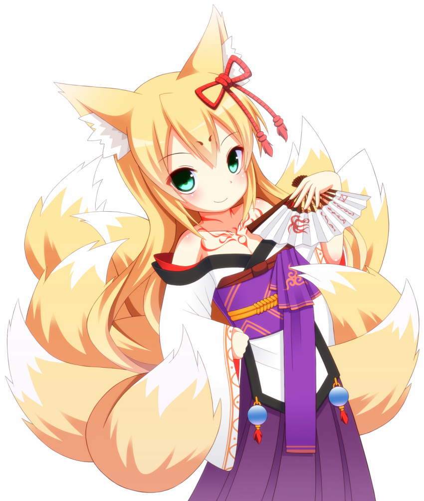 1girl, animal_ears, bangs, bare_shoulders, blonde_hair, blush, bow, commentary_request, cowboy_shot, fan, fox_ears, fox_tail, green_eyes, hair_ornament, highres, holding, japanese_clothes, kimono, kitsune, long_hair, looking_at_viewer, mon-musu_quest!, monster_girl, multiple_tails, nekotechno, payot, simple_background, smile, solo, tail, tamamo_(mon-musu_quest!), tattoo, white_background