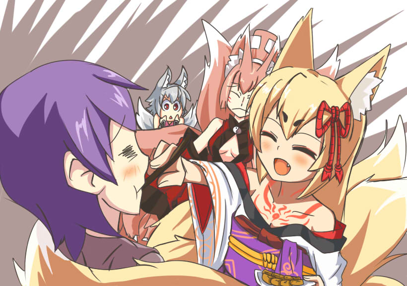1boy, 3girls, ^_^, animal_ears, bare_shoulders, blonde_hair, blush, chopsticks