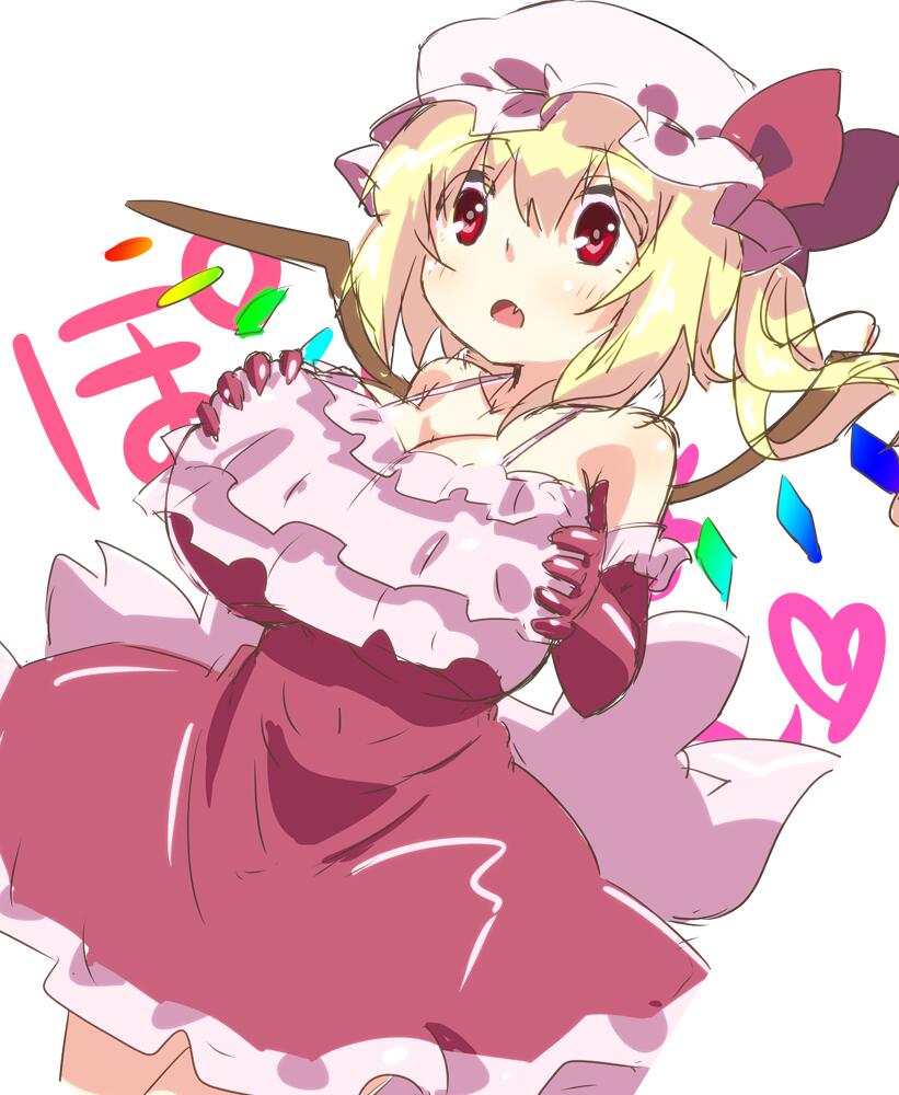 1girl, alternate_breast_size, alternate_costume, blonde_hair, blush, bow, breast_hold, breasts
