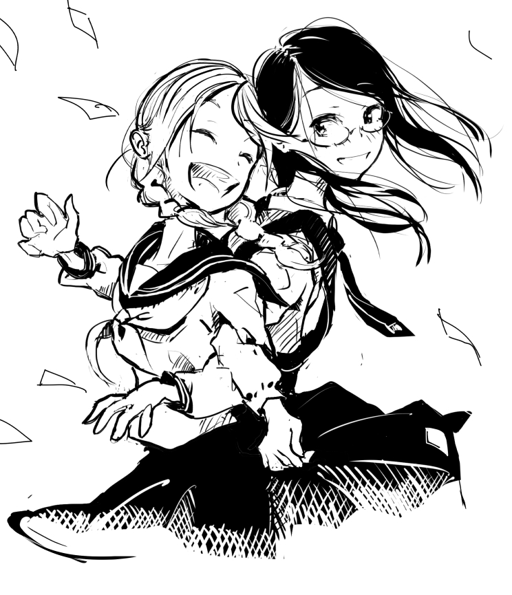 2girls, aoi_hana, blush, braid, glasses, grin, manjoume_fumi, monochrome