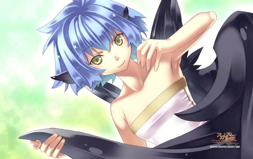 1girl, 2010, agarest_senki, agarest_senki_(series), armpits, bare_shoulders, black_wings, blue_hair