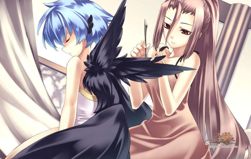2010, 2girls, agarest_senki, agarest_senki_(series), beatrice_(agarest_senki), blue_hair, brown_hair, closed_eyes