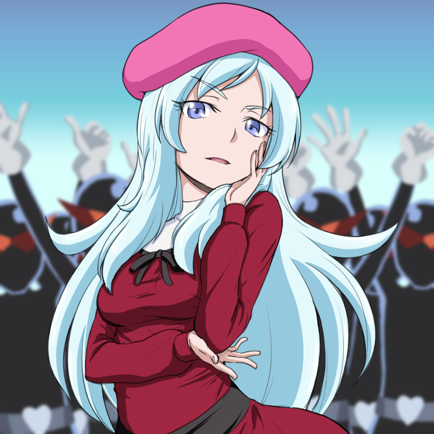 1girl, beret, blue_background, blue_eyes, blue_hair, blush, choiark, dress