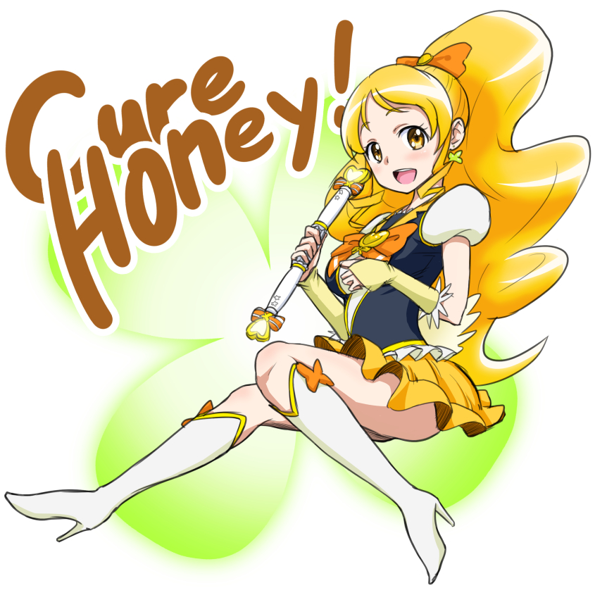 1girl, blonde_hair, blush, boots, character_name, cure_honey, earrings, english