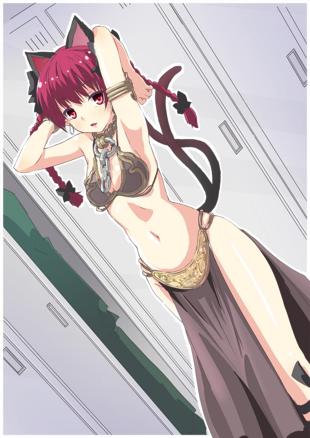 1girl, alternate_costume, animal_ears, armlet, armpits, arms_up, bow, bra