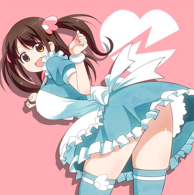 1girl, :d, apron, blush, breasts, brown_eyes, brown_hair, large_breasts, long_hair, looking_at_viewer, mizuhara_hayari, open_mouth, saki, smile, solo, thighhighs, umekichi