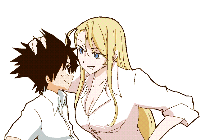 1boy, 1girl, blonde_hair, blue_eyes, breasts, brown_hair, cleavage, evangeline_a_k_mcdowell