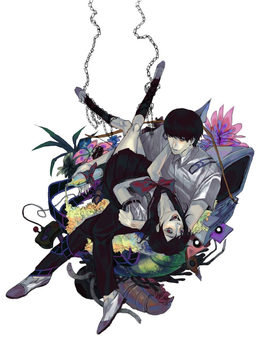1boy, 1girl, arai_shouji, bad_proportions, black_hair, bottle, carrying, chain