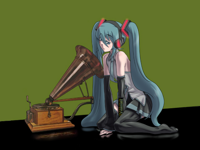 aqua_hair, detached_sleeves, fine_art_parody, hatsune_miku, headphones, hirabaru_kenji, his_master's_voice, his_master's_voice