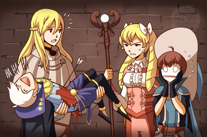 1girl, 3boys, ^_^, aquanut, arrow, bangs, blonde_hair, blood
