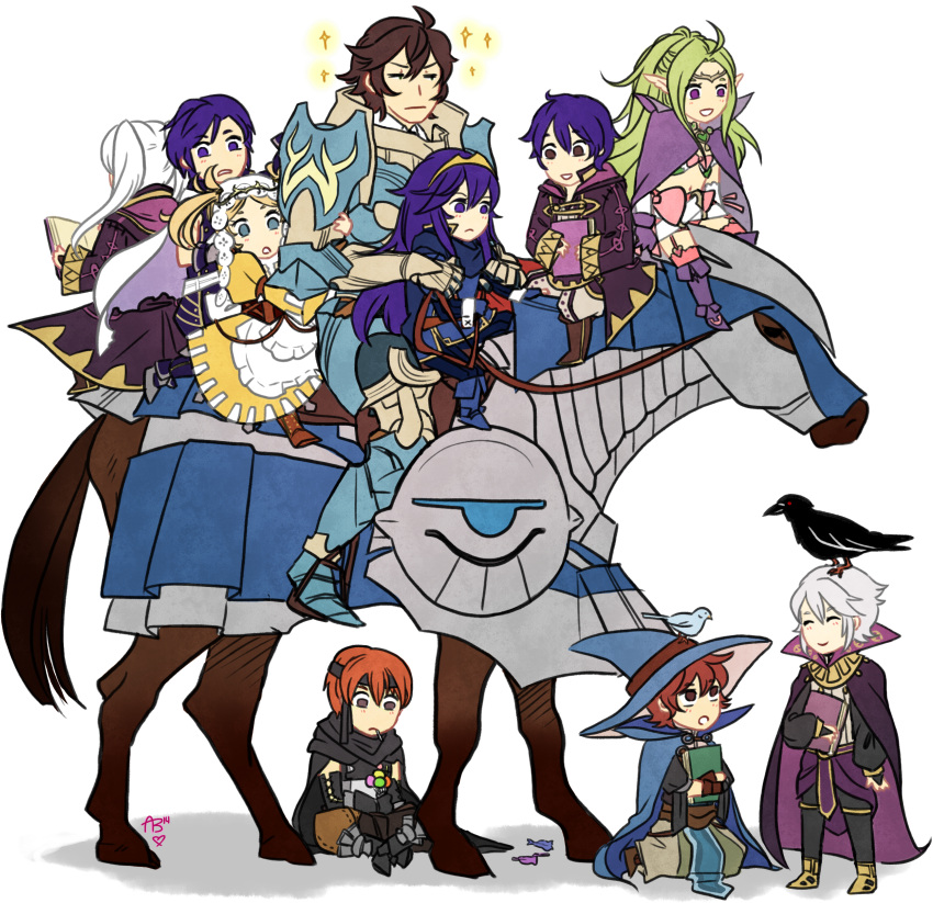 3ds, ^_^, absurdres, ahoge, armor, blonde_hair, blue_eyes, blue_hair, book, boots, bridal_gauntlets, brown_hair, candy, cape, circlet, closed_eyes, dress, fire_emblem, fire_emblem:_kakusei, frederik_(fire_emblem), gaia_(fire_emblem), garter_straps, gloves, green_hair, hair_between_eyes, hair_ornament, hat, headband, henry_(fire_emblem), highres, hooded_jacket, horse, jacket, krom, liz_(fire_emblem), long_hair, long_sleeves, lucina, mark_(fire_emblem), multiple_boys, multiple_girls, my_unit, navel, nintendo, nintendo_3ds, nowi_(fire_emblem), open_mouth, orange_hair, phantommarbles, pointy_ears, ponytail, richt_(fire_emblem), riding, short_hair, short_twintails, smile, thighhighs, tiara, twintails, violet_eyes, wavy_hair, white_hair