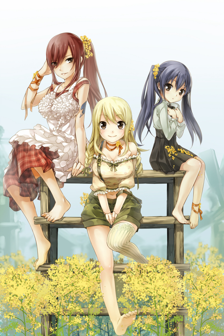 3girls, ankle_ribbon, apron, barefoot, blonde_hair, blue_hair, braid, breasts, brown_eyes, choker, cleavage, dress, erza_scarlet, fairy_tail, feet, flower, frills, hair_flower, hair_ornament, highres, large_breasts, long_hair, looking_at_viewer, lucy_heartfilia, midriff, multiple_girls, plaid, plaid_dress, ponytail, redhead, ribbon, ribbon_choker, shorts, single_strap, single_thighhigh, sitting, smile, strib_und_werde, striped, striped_legwear, tattoo, thigh-highs, toes, twintails, vertical-striped_legwear, vertical_stripes, wendy_marvell, wrist_ribbon