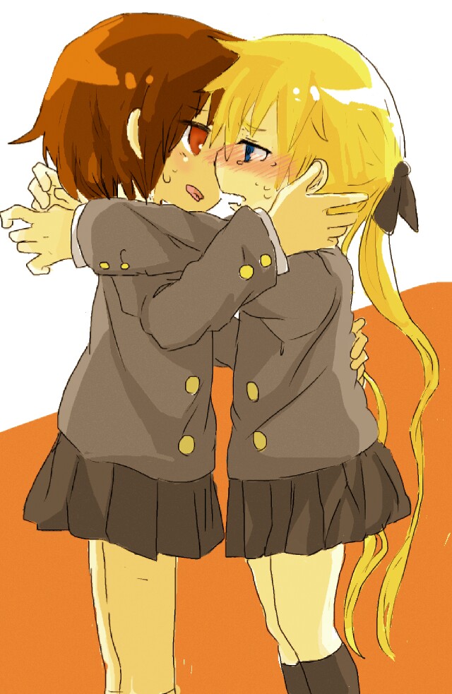 2girls, blonde_hair, blush, brown_hair, hair_ribbon, kill_me_baby, long_hair, multiple_girls