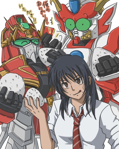 1girl, black_hair, brown_eyes, coppelion, crossover, food, food_on_face, gundam