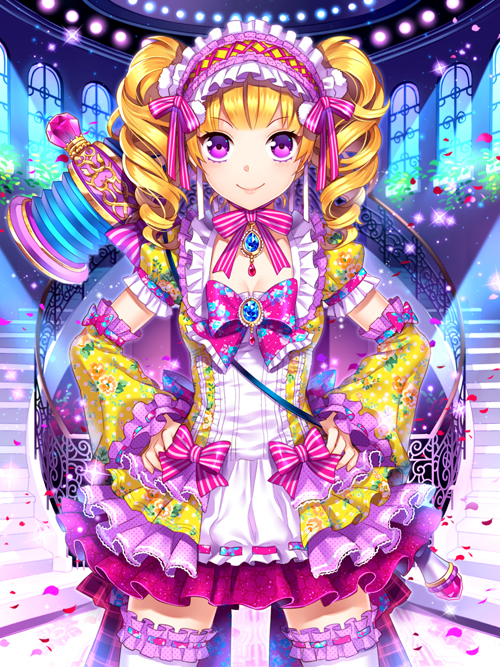 1girl, blonde_hair, blush, bow, choker, detached_sleeves, dress, drill_hair