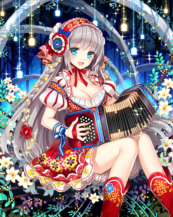 1girl, accordion, blue_eyes, blush, boots, breasts, cleavage, dress
