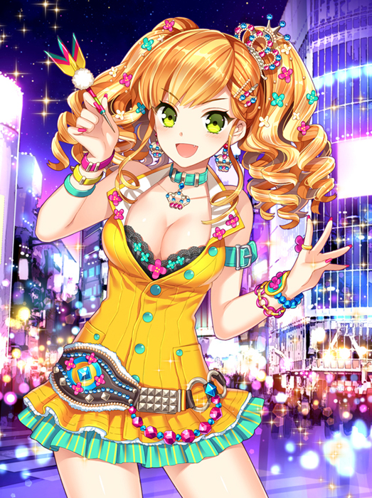 1girl, belt, blush, bracelet, breasts, city, cleavage, crown