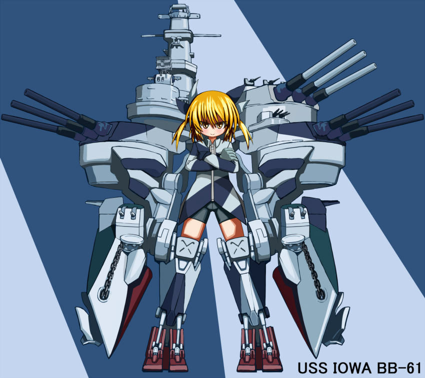 1girl, anchor, battleship, bike_shorts, blonde_hair, boots, cannon, crossed_arms, flat_chest, highres, mecha_musume, omu_zukin, original, personification, short_hair, short_twintails, smile, solo, turret, twintails, us_navy, uss_iowa_(bb-61), yellow_eyes, zipper