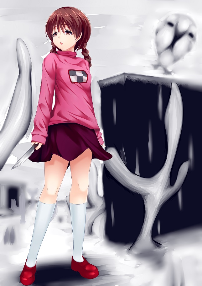 1girl, braid, brown_hair, checkered_shirt, kirishima13, knife, long_hair, madotsuki
