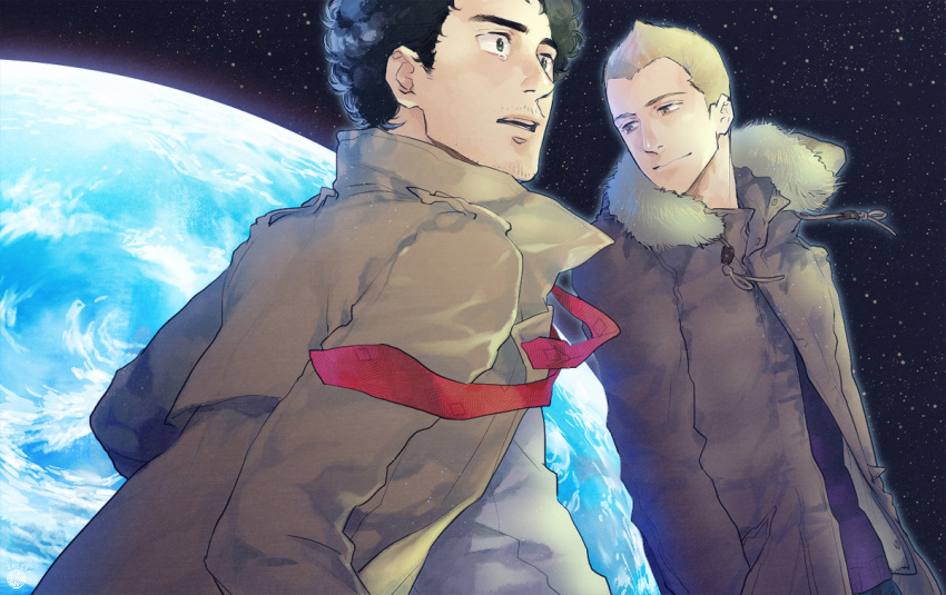 2boys, afro, black_hair, blonde_hair, earth, multiple_boys, nanba_hibito, nanba_mutta