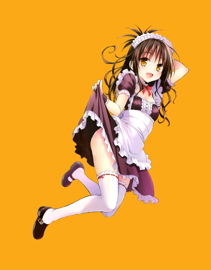 1girl, :d, apron, arm_up, breasts, brown_eyes, brown_hair, choker