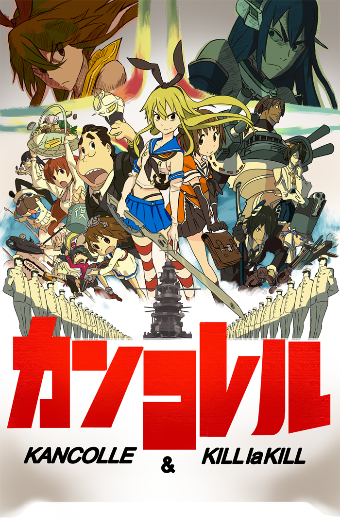 6+girls, adjusting_glasses, anchor, arao, bare_shoulders, black_hair, black_panties, blonde_hair, brown_eyes, brown_hair, character_request, crossover, derivative_work, detached_sleeves, elbow_gloves, error_musume, girl_holding_a_cat_(kantai_collection), glasses, gloves, hair_ornament, hairband, hairclip, headgear, ise_(kantai_collection), ise_(kantai_collection)_(cosplay), japanese_clothes, kantai_collection, kasumi_(kantai_collection), kill_la_kill, kirishima_(kantai_collection), kirishima_(kantai_collection)_(cosplay), long_hair, looking_at_viewer, mamiya_(kantai_collection), multiple_girls, naka_(kantai_collection), nontraditional_miko, open_mouth, panties, parody, personification, red_eyes, ribbon, ryuujou_(kantai_collection), sailor_dress, school_uniform, serafuku, shimakaze_(kantai_collection), shiranui_(kantai_collection), short_hair, striped, striped_legwear, style_parody, tenryuu_(kantai_collection), tenryuu_(kantai_collection)_(cosplay), thighhighs, underwear, white_gloves, yukikaze_(kantai_collection), yuudachi_(kantai_collection)