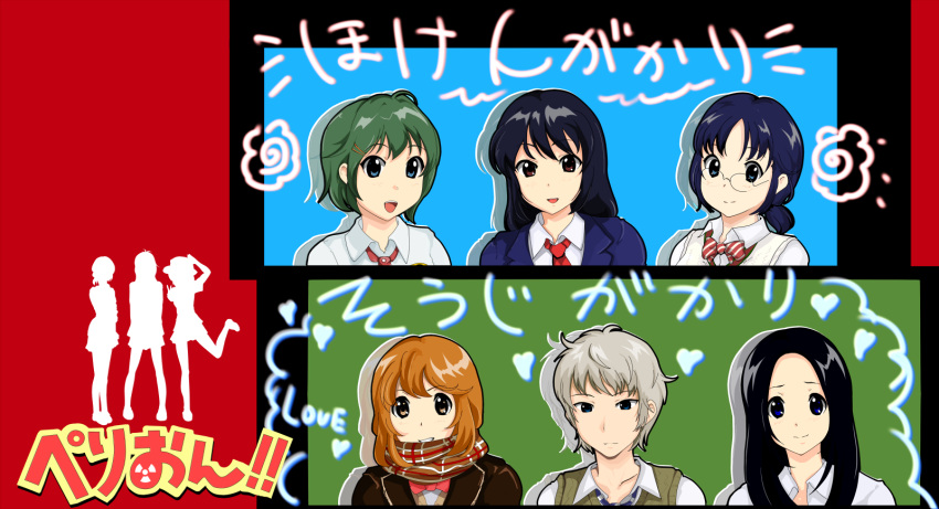 1boy, 5girls, black_hair, blonde_hair, blue_eyes, blue_hair, bowtie, brown_eyes