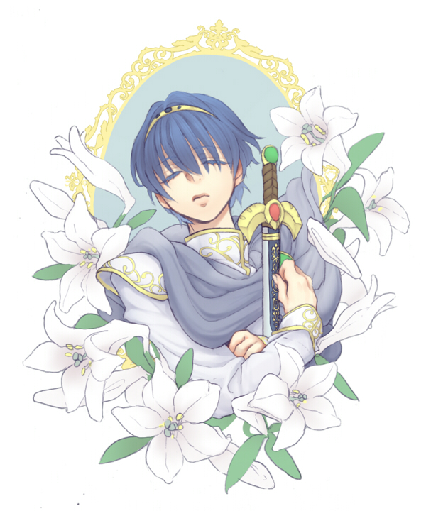 blue_eyes, blue_hair, cape, fire_emblem, flower, gloves, lily_(flower), marth