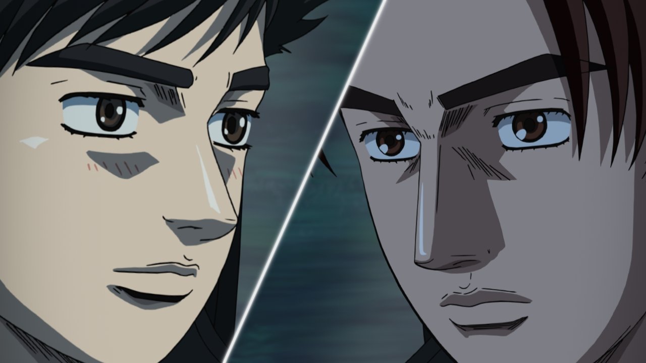 2boys, black_hair, brown_eyes, brown_hair, fujiwara_takumi, initial_d, inui_shinji, multiple_boys, official_art, short_hair