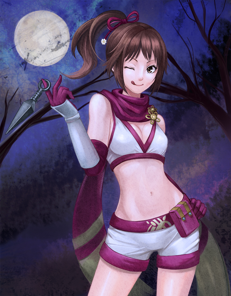 ;q, bare_shoulders, brown_eyes, brown_hair, contrapposto, crop_top, gauntlets, gloves, high_ponytail, kunai, kunoichi_(sengoku_musou), moon, navel, night, ninja, one_eye_closed, p-towaco, pink_scarf, ponytail, pouch, scarf, sengoku_musou, sengoku_musou_3, shorts, tongue, tongue_out, tree, weapon, wink