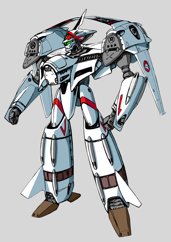 emblem, jolly_roger, kawamori_shouji, macross, macross_flashback_2012, macross_m3, mecha, official_art, production_art, redesign, science_fiction, simple_background, solo, u.n._spacy, vf-4