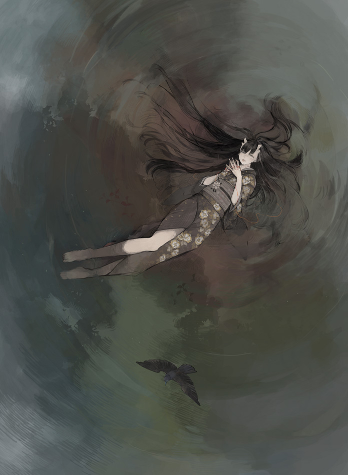 1girl, barefoot, bird, black_hair, dark, from_above, hands_clasped, japanese_clothes, kimono, long_hair, lying, nekosuke_(oxo), obi, on_back, original, pale_skin, partially_submerged, red_string, sash, solo, string, water