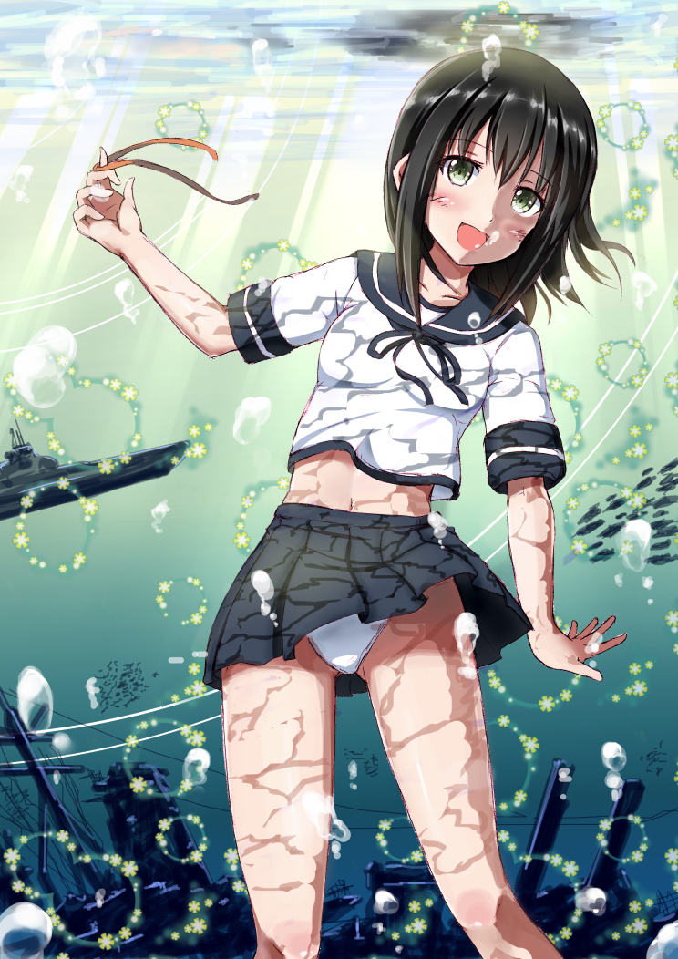1girl, alternate_hairstyle, black_hair, blush, feesu_(rinc7600), fish, fubuki_(destroyer), fubuki_(kantai_collection)