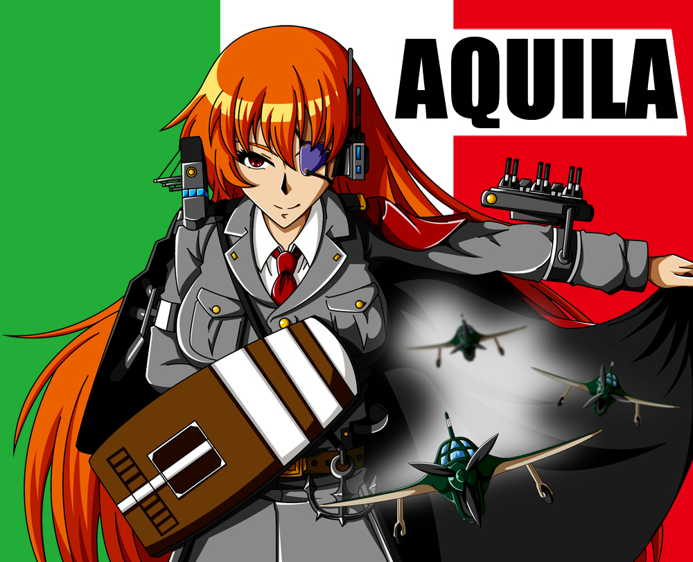 1girl, aircraft_carrier, airplane, aquila_(aircraft_carrier), cape, character_name, eyepatch, gunboy00, italian_flag, kantai_collection, military, military_uniform, necktie, orange_hair, original, red_eyes, reggiane_re.2001, regia_marina, smile, solo, uniform