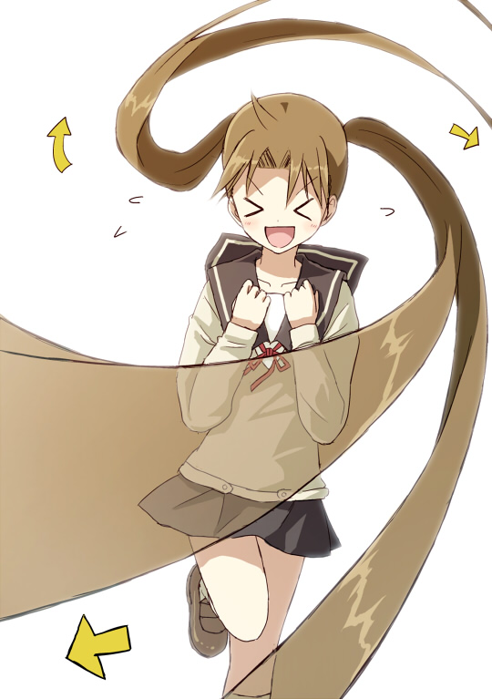 >xd, 1girl, blush, brown_hair, clenched_hands, collarbone, facing_viewer, long_hair, okazaki_norie, open_mouth, school_uniform, serafuku, simple_background, skirt, solo, standing_on_one_leg, tamayura, twintails, white_background, yakka