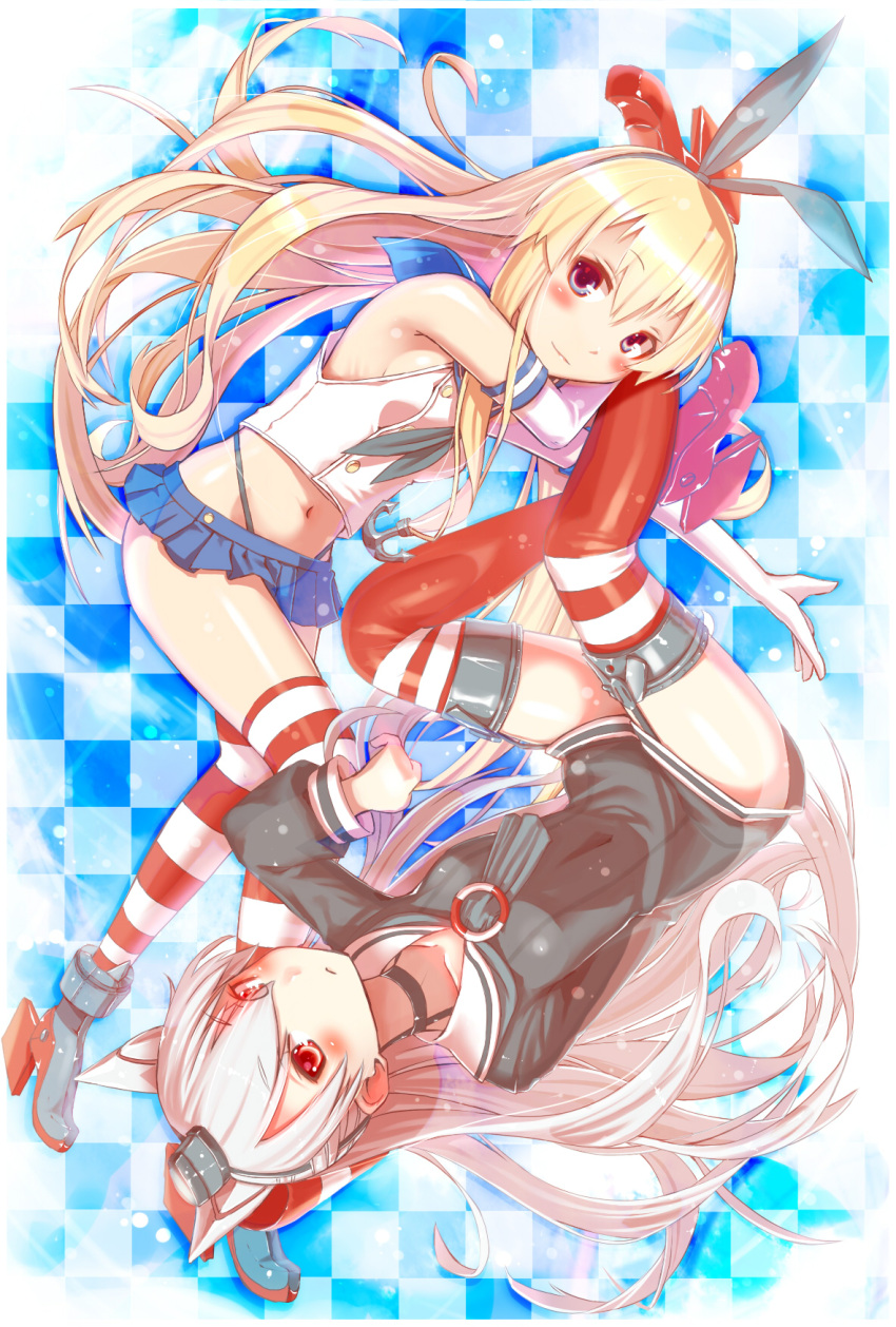 2girls, amatsukaze_(kantai_collection), blonde_hair, blue_eyes, brown_eyes, checkered, checkered_background, elbow_gloves