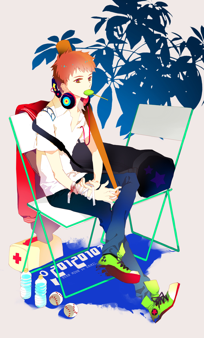 1boy, 2012, bandages, blood, brown_hair, candy, character_request, food