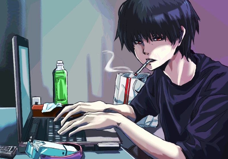 1boy, arai_shouji, casual, cigarette, computer, gakkou_de_atta_kowai_hanashi, laptop, male, sitting, smoking, solo, table, yyy246