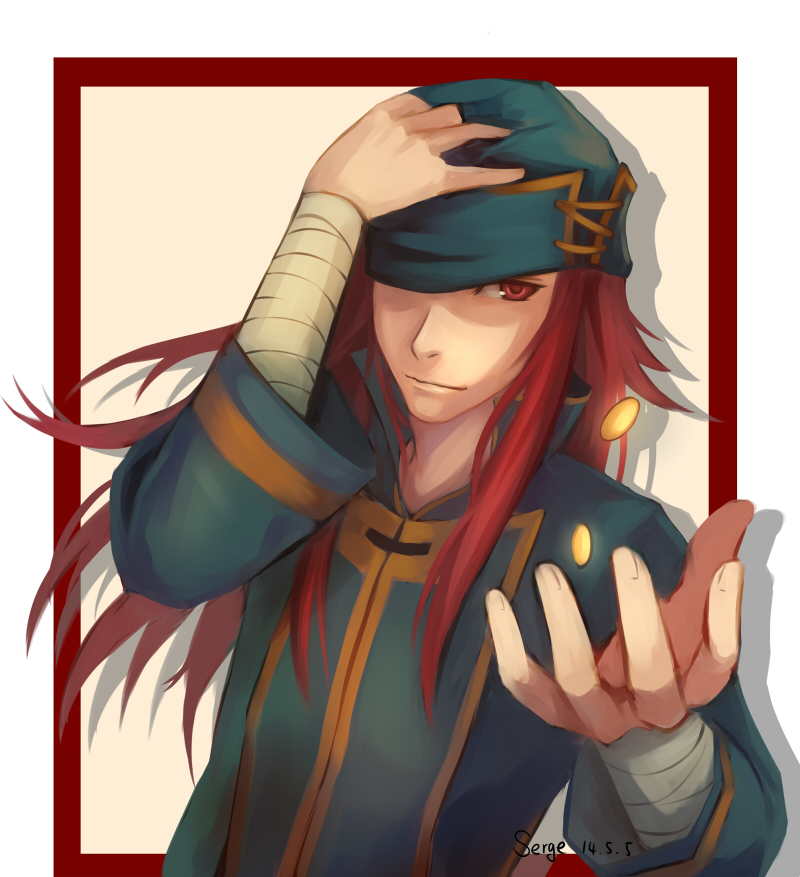 1boy, bandages, coin, coin_flip, fire_emblem, fire_emblem:_seima_no_kouseki, hand_on_headwear, hat