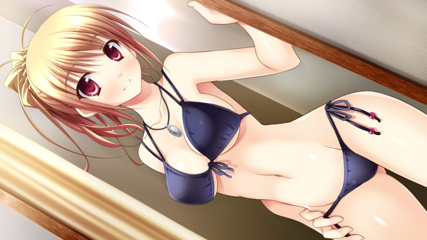 1girl, bikini, blue_bikini, blush, brown_hair, collarbone, contrapposto, dutch_angle