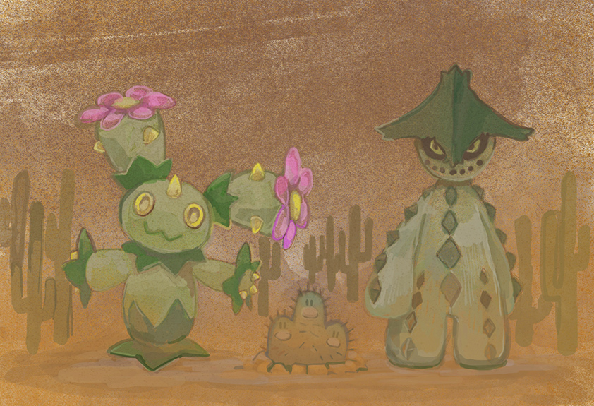 cacturne, cactus, desert, dugtrio, maractus, massurutadano, no_humans, pokemon