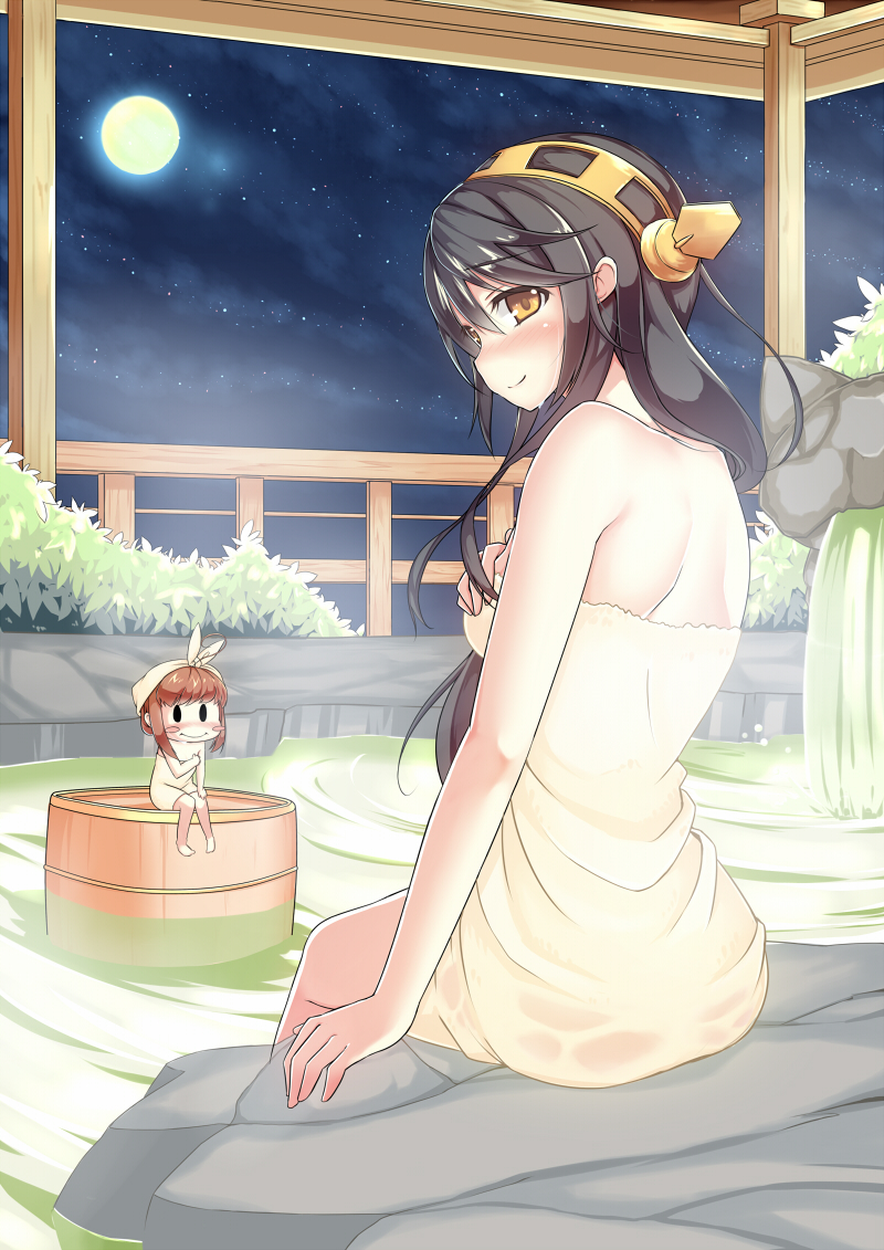 1girl, black_hair, blush, breasts, fairy_(kantai_collection), feet_in_water, from_behind, hairband