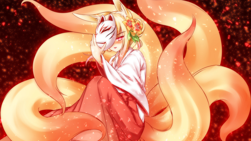 1girl, animal_ears, blonde_hair, blush, flower, fox_ears, fox_mask, fox_tail