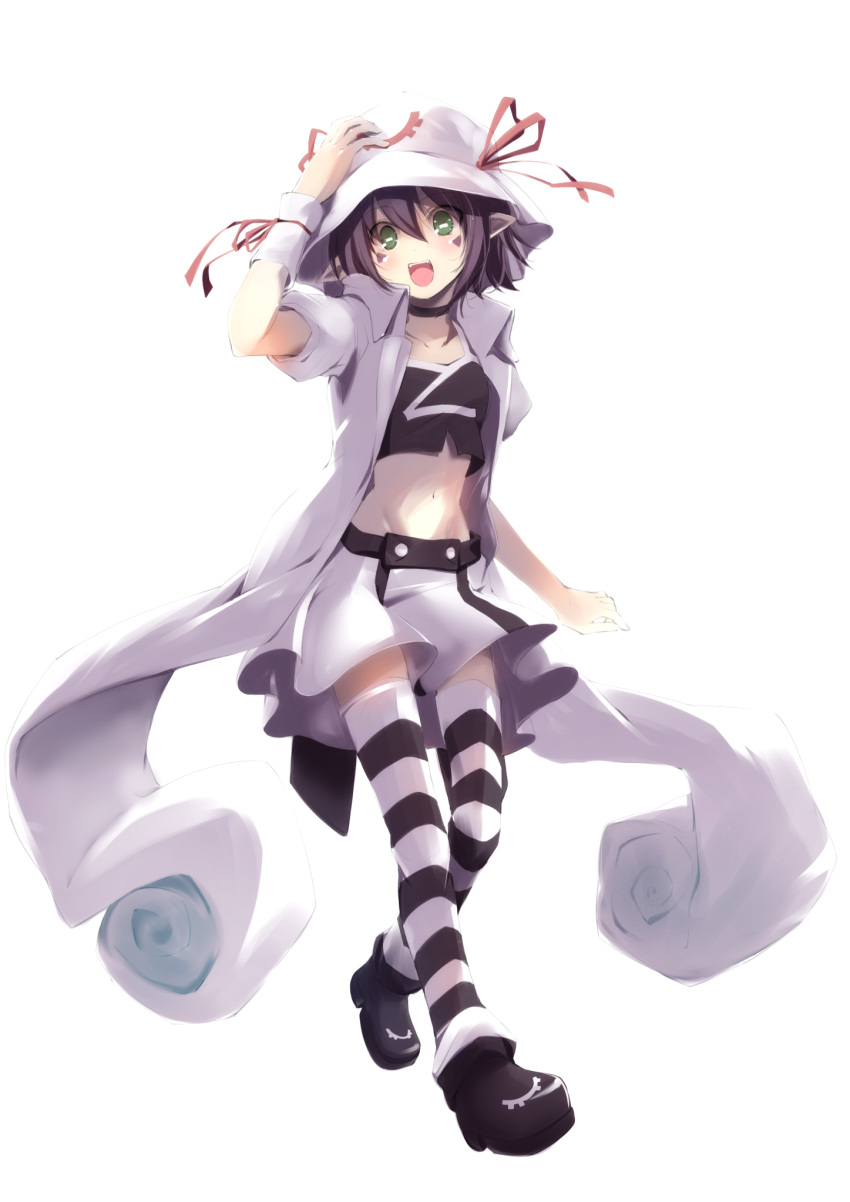 1girl, choker, facial_mark, green_eyes, hand_on_headwear, hat, highres, jijii48, merry_nightmare, midriff, navel, open_mouth, pointy_ears, purple_hair, ribbon, short_hair, simple_background, skirt, solo, striped, striped_legwear, thighhighs, white_background, yumekui_merry, zettai_ryouiki