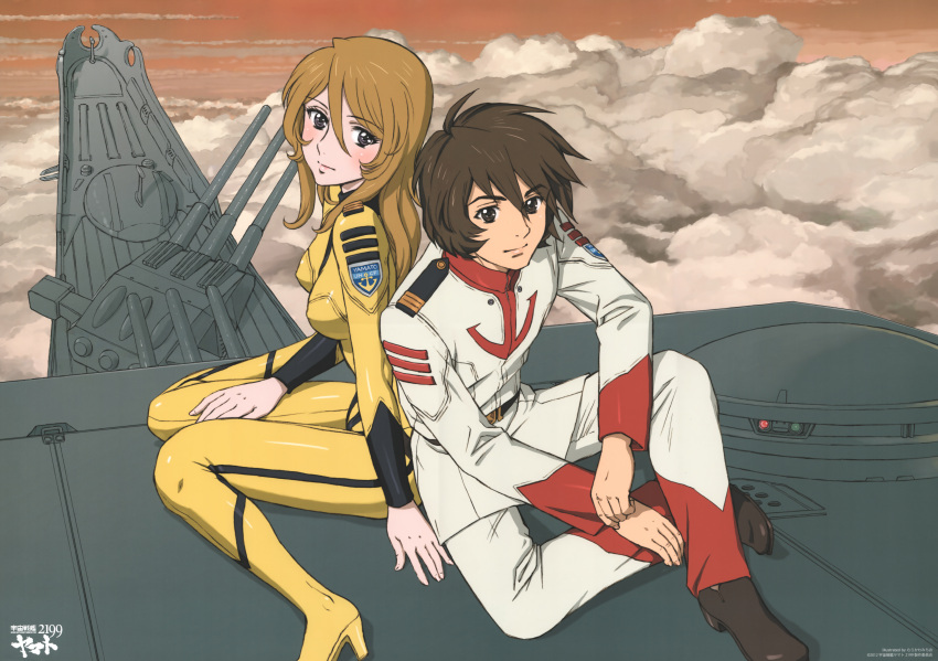 1boy, 1girl, absurdres, bodysuit, brown_hair, clouds, cloudy_sky, highres