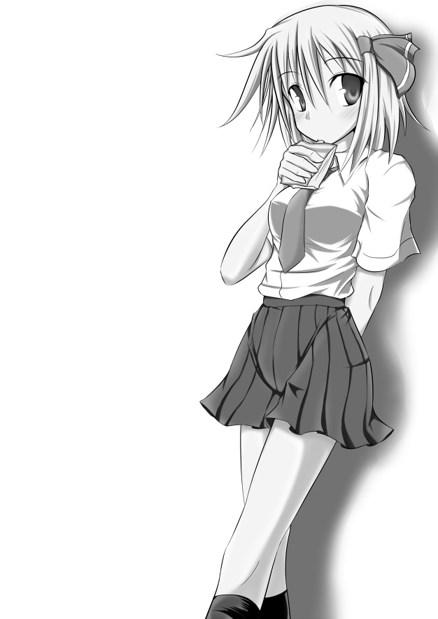 breasts, drink, drinking, hair_ribbon, kirino_souya, large_breasts, monochrome, necktie